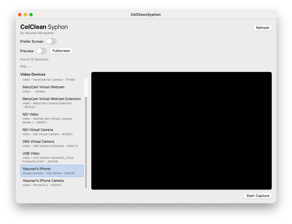 CelClean Syphon macOS application turning an iPhone or any video device connected to a Mac into a Syphon video source for Resolume, TouchDesigner, VDMX, Modul8 and MadMapper