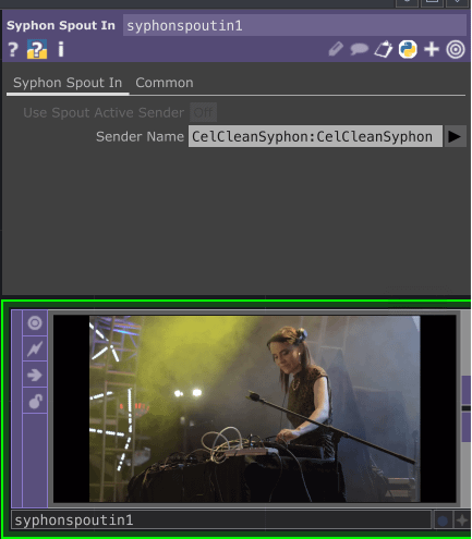 TouchDesigner Syphon Spout In node receiving video from CelCleanSyphon, showing iPhone video used as a Syphon camera source inside TouchDesigner.