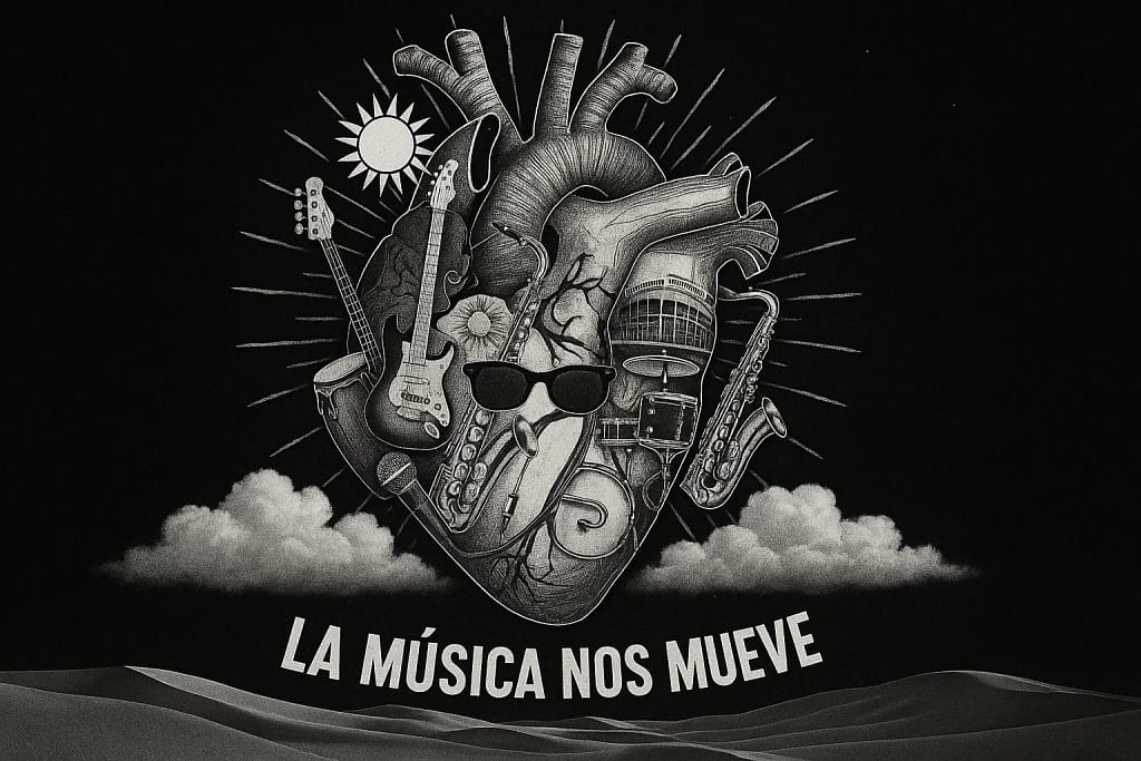 Corazón ilustrado con instrumentos, sol y lentes, concepto artístico para proyecto musical. Creado por Yasunari Murayama, productor de video en Mexicali con experiencia en fotografía, animación y diseño audiovisual