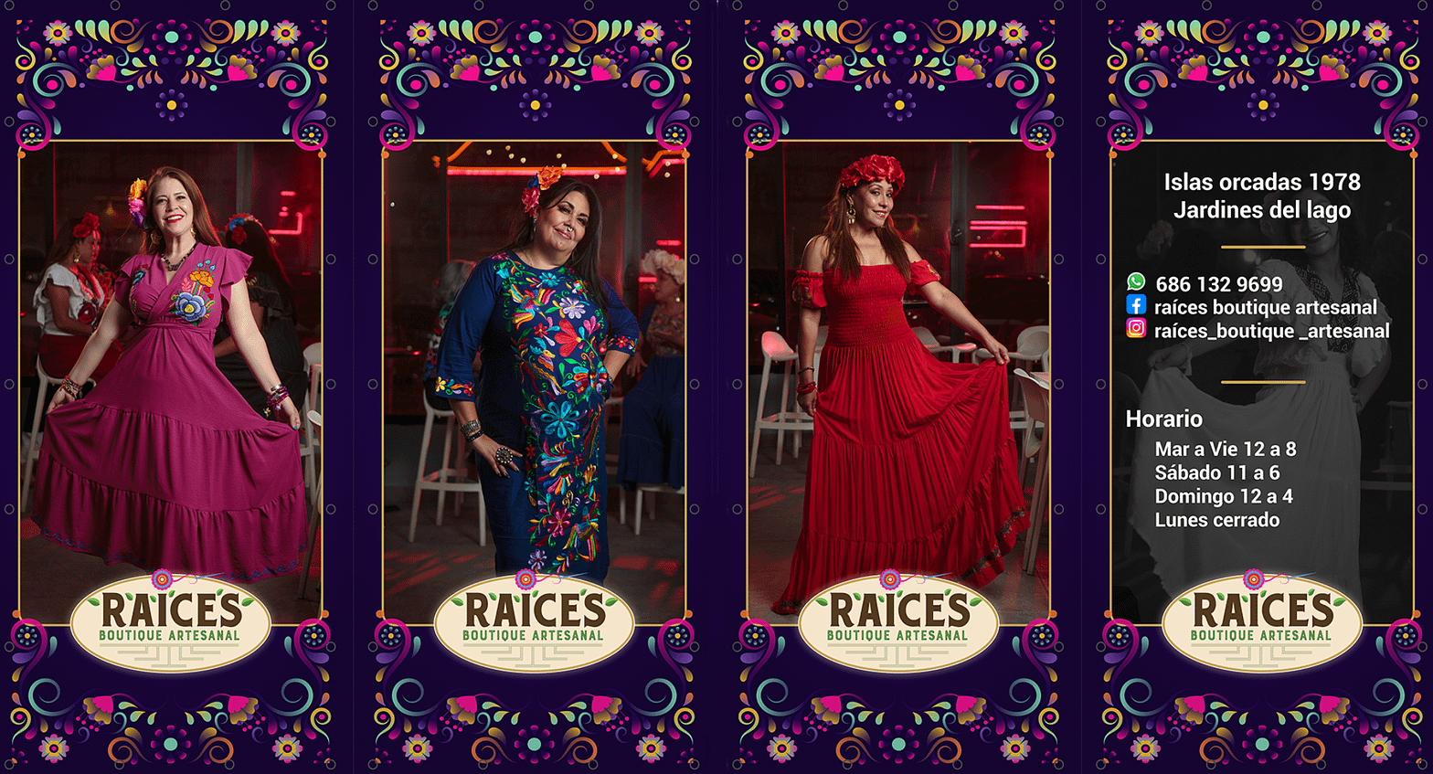 Diseño de lonas para bastidor con modelos e información de contacto, dirección, redes sociales y horarios de Raíces Boutique Artesanal, creada por Yasunari Murayama, productor audiovisual y experto en SEO en Mexicali.