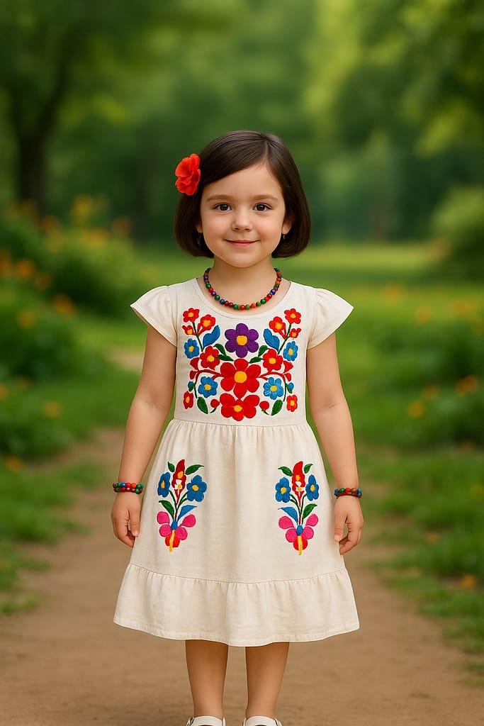 Fotografía AI de vestido artesanal para niña color blanco con flores bordadas multicolor, producto de Raíces Boutique Artesanal. Proyecto de marketing digital, SEO y producción audiovisual realizado por Yasunari Murayama en Mexicali, Baja California.