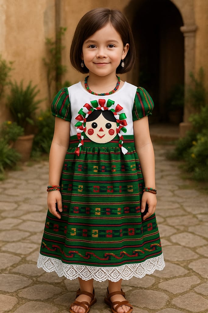 Imagen generada con inteligencia artificial de vestido artesanal verde con muñequita tricolor bordada, producto de Raíces Boutique Artesanal. Creado para campaña digital por Yasunari Murayama, productor audiovisual y experto en SEO en Mexicali, Baja California.