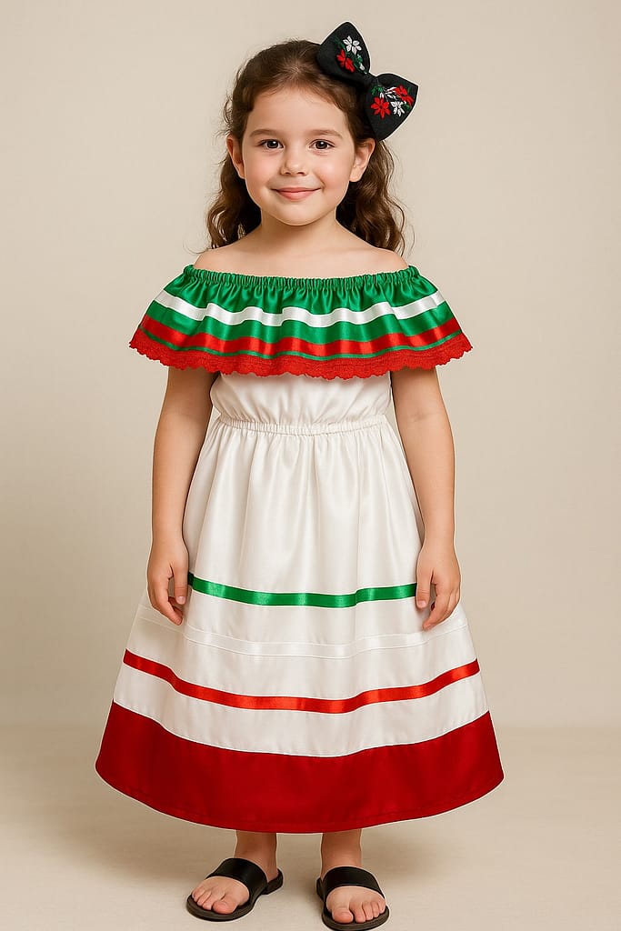 Fotografía AI de vestido patrio blanco con franjas verde, blanco y rojo, diseño artesanal de Raíces Boutique Artesanal. Proyecto de fotografía, video y marketing digital desarrollado por Yasunari Murayama en Mexicali, Baja California.
