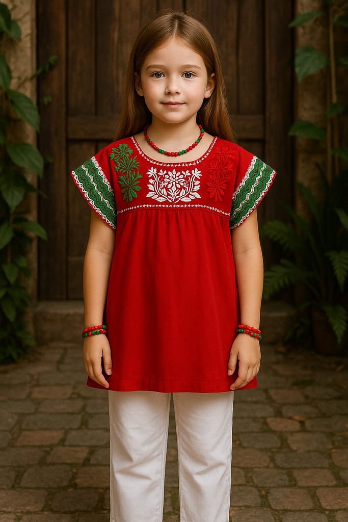 Fotografía AI de blusa artesanal roja con bordado en blanco y verde, combinada con pantalón blanco, producto de Raíces Boutique Artesanal. Producción audiovisual y SEO aplicado por Yasunari Murayama en Mexicali, Baja California.