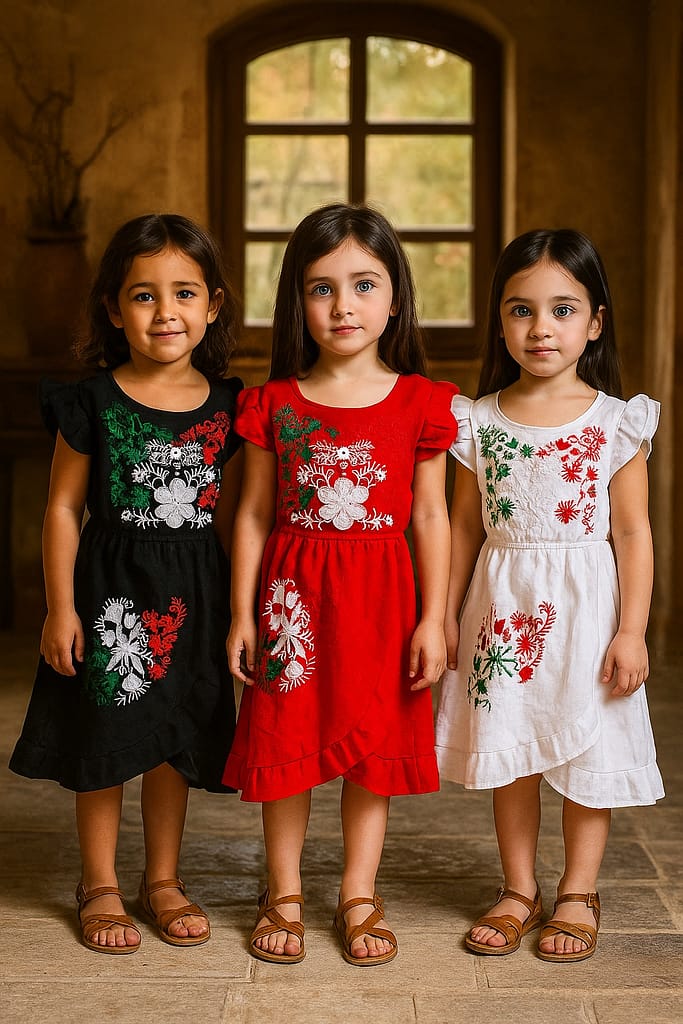 Fotografía AI de tres niñas con vestidos artesanales en colores negro, rojo y blanco con bordados florales, colección de Raíces Boutique Artesanal. Proyecto de marketing digital, SEO y producción audiovisual por Yasunari Murayama en Mexicali, Baja California.