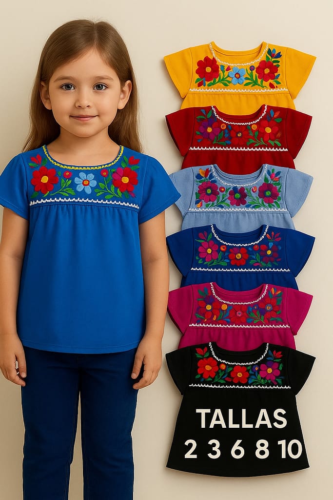 Imagen AI de blusa artesanal azul bordada para niña, junto a seis variantes de colores con tallas 2, 3, 6, 8 y 10. Producto de Raíces Boutique Artesanal. Estrategia visual creada por Yasunari Murayama en Mexicali, Baja California